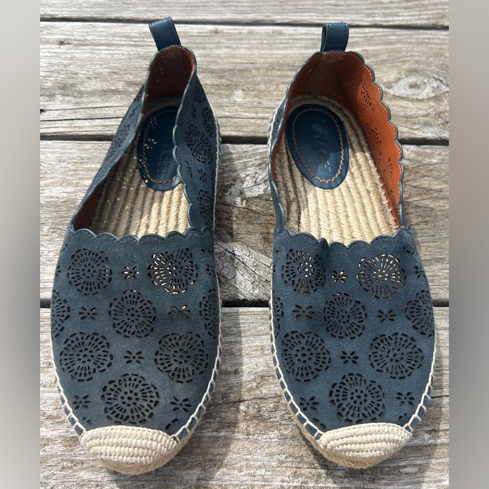 COACH blue suede espadrille slip-on with twine sole, removable charms on heels.